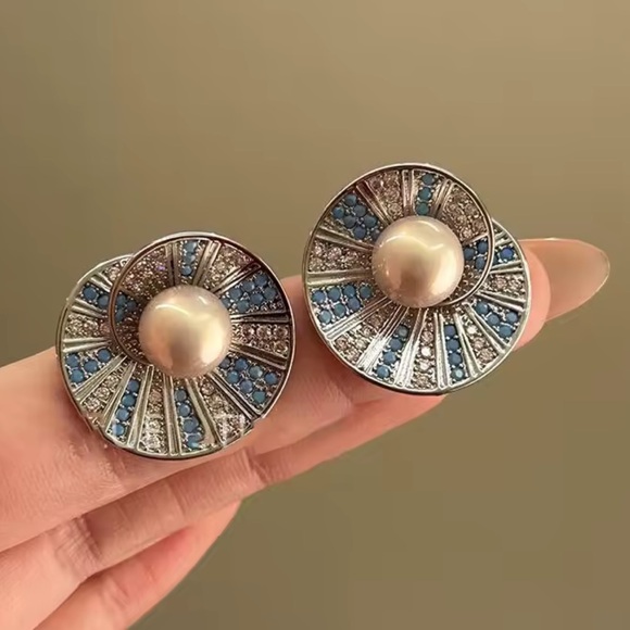 Round Pearl Statement Earrings with Blue Stones - Picture 4 of 6